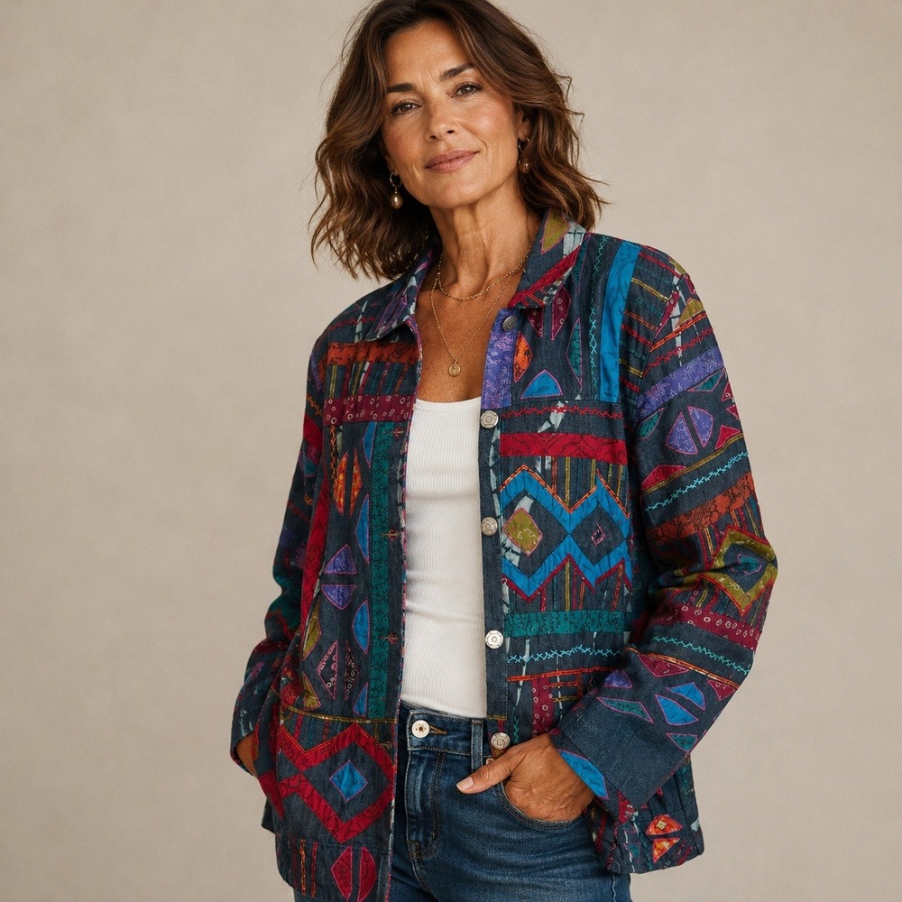 VTG Chicos Design Patchwork Silk Applique Jacket Size‎ 2 L Blue Boho Western